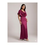 Tavie Luna Satin Drapeli Maxi Elbise – Bordo