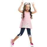Tavşan Aplikeli Kız Çocuk Pembe Lacivert Yazlık T-shirt Tunik Tayt Takım