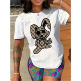 Tavşan Baskılı Kadın Rahat T-Shirts - Beyaz