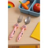 Tavşan Figürlü Çocuk Çatal Kaşık Seti Paslanmaz Çelik Bebek Çatal Kaşık Set - Pembe