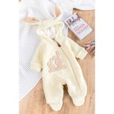 Tavşan Işlemeli Kapüşonlu Welsoft Peluş Kışlık Kız/erkek Bebek Tulum - 6 - 9 Ay - Krem