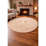 Tavşan Tüyü Peluş Halı Kaymaz Taban Yumuşak Dokulu Salon Yatak Odası Halısı Yuvarlak Bej - 120 x 120 cm