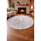 Tavşan Tüyü Peluş Halı Kaymaz Taban Yumuşak Dokulu Salon Yatak Odası Halısı Yuvarlak Bej - Gri - 120 x 120 cm