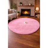 Tavşan Tüyü Peluş Halı Kaymaz Taban Yumuşak Dokulu Salon Yatak Odası Halısı Yuvarlak Bej - Pembe - 75 x 75 cm