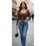 TAVSİYESEVER Uzun Kollu Lüks Hafif Toparlayıcı Dekolte Yaka Bodysuit Çıtçıtlı Body Acı Kahve