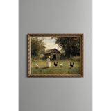 Tavukları Besleyen Küçük Kız - Vintage Desenli Çerçeve - İnce Model, Altın2, 30 x 40