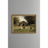 Tavukları Besleyen Küçük Kız - Vintage Desenli Çerçeve - İnce Model, Altın4, 30 x 40