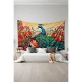 Tavus Kuşu Desenli Duvar Halısı Duvar Örtüsü Tapestry Süetimsi Dokulu%100 Polyester Kumaş