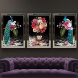 Tavus Kuşu ve Çiçek Demeti-2 Temalı Aynalı Çerçeveli 3 lü Kanvas Tablo Seti 150x70 cm SETS0054