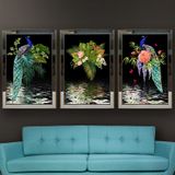 Tavus Kuşu ve Çiçek Demeti Temalı Aynalı Çerçeveli 3 lü Kanvas Tablo Seti 150x70 cm SETS0043