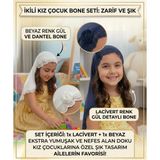 Tayuya 2'li Kız Çocuk Bone Seti - Lacivert & Beyaz Güllü Dantelli Viskon Saç Bonesi - 2-6 Yaş