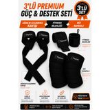 Tayzon 3'lü Powerlifting & Fitness Destek Seti Ağırlık Kaldırma Kayışı + Fitness Bilekliği + Diz Bandajı