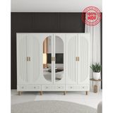 T&B Soho 6 Kapaklı Modern Ayna Detaylı Çekmeceli Gardırop - Tamamı MDF Beyaz Renk