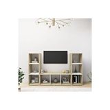 Tdesigno Deren Kitaplıklı Televizyon Sehpası Ünitesi Meşe Beyaz 150 Cm 9 Raflı Çam