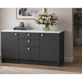 Tdesigno Kora Alt Modül-çok Amaçlı Dolap -150 Cm -2 Kapaklı-3 Çekmeceli-laminat Beyaz Tezgah Dahil - Antrasit