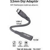 Te-Dos TD-C3327 Type-C-3.5mm Kulaklık Dönüştürücü Hifi Ses Aktarımı Dac Çipli Tak ve Kullan 13CM - Gri