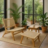 Teak Ağacı Rattan Örgü Koltuk ve Puf Takımı – Doğal El Işçiliği, Dayanıklı Tasarım - Krem