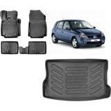 Team Car Renault Clio 2 Hatchback 2000 Model 3D Bagaj Havuzu+3d Havuzlu Araca Özel Paspas Takımı - Siyah - Siyah