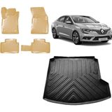 Team Car Renault Megane 4 Sedan 2018 Model 3D Bagaj Sağ Kulaklı+3d Araca Özel Bej Havuzlu Paspas Takımı - Siyah - Bej
