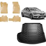 Team Car Renault Megane 4 Sedan 2021 Model 3D Bagaj Sol Kulaklı+3d Araca Özel Bej Havuzlu Paspas Takımı - Siyah - Bej