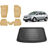 Team Car Volkswagen Polo 9n 2005 Model 3D Bagaj Havuzu+3d Araca Özel Bej Havuzlu Paspas Takımı - Siyah - Bej