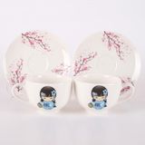 Tebak Collection 2 Kişilik Kokeshi Bebekleri Mavi Desenli Porselen Türk Kahve Fincan Takımı