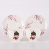 Tebak Collection 2 Kişilik Kokeshi Bebekleri Mor Desenli Porselen Türk Kahve Fincan Takımı