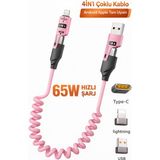 Tech&bello accessories 65W 4in1 Çoklu Spiral Iphone Android Hızlı Şarj ve Data Kablosu 1m Pd USB Type-C Lightning Örgülü - Pembe
