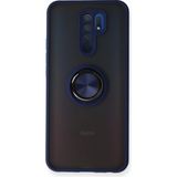 Techno Guru Redmi 9 Kılıf Arkası Buz Tasarımlı ve Yüzüklü Kenarları Renkli Şık Montreal Yüzüklü Silikon Kapak - Lacivert