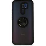 Techno Guru Redmi 9 Kılıf Arkası Buz Tasarımlı ve Yüzüklü Kenarları Renkli Şık Montreal Yüzüklü Silikon Kapak - Siyah
