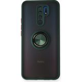 Techno Guru Redmi 9 Kılıf Arkası Buz Tasarımlı ve Yüzüklü Kenarları Renkli Şık Montreal Yüzüklü Silikon Kapak - Yeşil