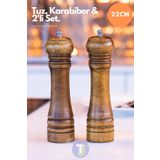 Technojet 2 Adet 22cm Doğal Ahşap Karabiber Tuz Kahve Baharat Öğütücü Ahşap Değirmen Tuzluk Biberlik