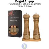 Technojet 2 Adet Doğal Ahşap Karabiber Tuz Kahve Baharat Öğütücü Ahşap Değirmen Tuzluk Biberlik 2li Set Tabaklı 22CM