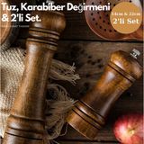 TechnoSmart Premium Kalite 2liSet 14cm+22cm Doğal Ahşap Değirmen Baharat Öğütücü Karabiber Tuz Kahve