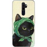 Techtree Oppo A5/A9 2020 Uyumlu Babushka Yeşil Başörtülü Siyah Kedi Baskılı Silikon Kılıf