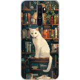 Techtree Oppo A5/A9 2020 Uyumlu Kitaplık Beyaz Kedi Tasarımlı Baskılı Silikon Kılıf