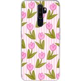 Techtree Oppo A5/A9 2020 Uyumlu Pembe Çizgili ve Lale Desenli Baskılı Silikon Kılıf
