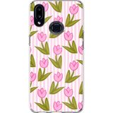 Techtree Samsung Galaxy A10S Uyumlu Pembe Çizgili ve Lale Desenli Baskılı Silikon Kılıf