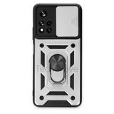 Techtrove Poco M4 Pro 5G Kılıf Sürgülü Kamera Korumalı Yüzüklü Stand Olabilen Magnetic Tpu Tank Kapak Gümüş
