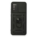 Techtrove Samsung Galaxy A02S Kılıf Sürgülü Kamera Korumalı Yüzüklü Stand Olabilen Magnetic Tpu Tank Kapak Siyah