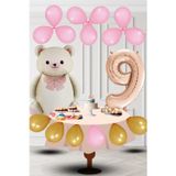 Tedaks 9 Yaş Retro Folyo Krem Ayıcık Pembe Gold Balon Rose Gold Rakam Doğum Günü Süsleme