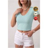 Teenage Millionaire Kadın Mint Renkli V Yaka Likralı Düz Basic Kısa Kollu Crop Bluz