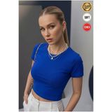 Teenage Millionaire Kadın Saks Mavi Renkli Bisiklet Yaka Likralı Kısa Kol Body Crop Bluz