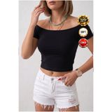 Teenage Millionaire Kadın Siyah Renkli Kayık Yaka Vücuda Oturan Basic Esnek Crop Bluz