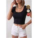 Teenage Millionaire Kadın Siyah Renkli U Yaka Likralı Düz Basic Kısa Kollu Crop Bluz