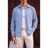 Teenage Millionaire Lizbon Erkek Mavi Beyaz Çizgili Renkli Yarım Oversize Keten Gömlek - XL - Lacivert