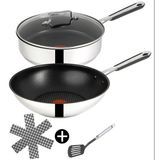 Tefal E30 Jamie Oliver Tava Seti İndüksiyon 5 Parça -Set8- Wok Tava 28 Cm Derinliğinde + Sote Tavası 25 Cm Kapaklı, Yüksek Kenarlı Tavalar, Bulaşık Makinesinde Yıkanabilir + Fırına Uygun, Gümüş