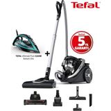 Tefal Turbo Halı Döver ve Evcil Hayvan Başlıklı Güçlü ve En Sessiz Toz Torbasız Elektrikli Süpürge 900 Watt + Tefal 3200W Buharlı Ütü - Siyah