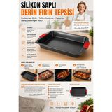 Teflon Kaplamalı Fırın Tepsisi - Yanmaz Silikon Tutacaklı 304 Paslanmaz Çelik Derin Dikdörtgen - Diğer - 26 x 26 x 7 cm