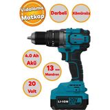 Tek Akulu 4.0 Ah Li-İon Batarya 20 Volt Cift Vitesli 2.0 Ah Darbeli Vidalama Komursuz 13 Mm Mandren